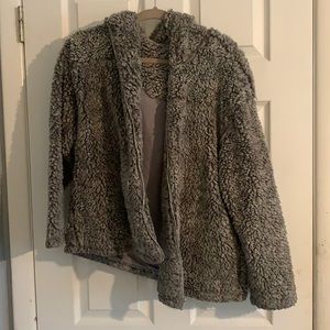 Grey zip up fuzzy jacket with hood